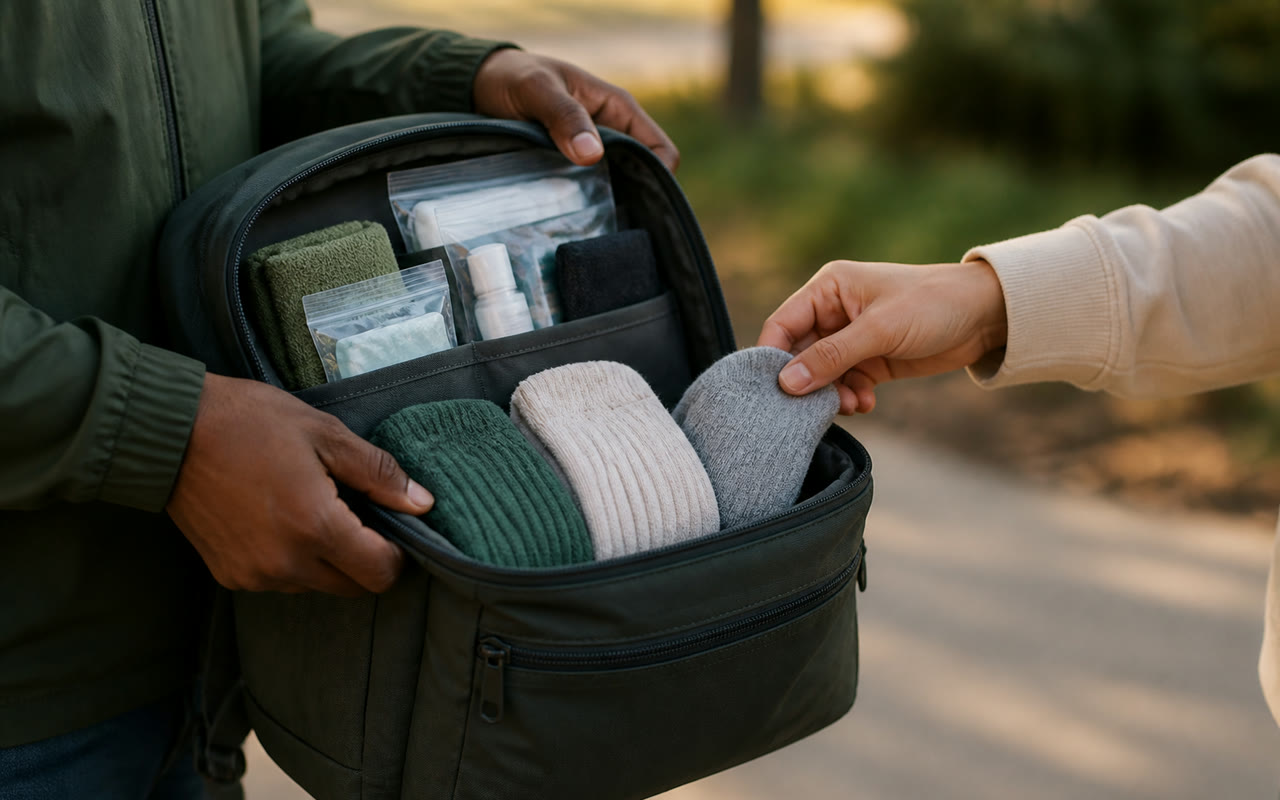 Two pairs of adult hands beside an open care pack as one person chooses a pair of soft socks.