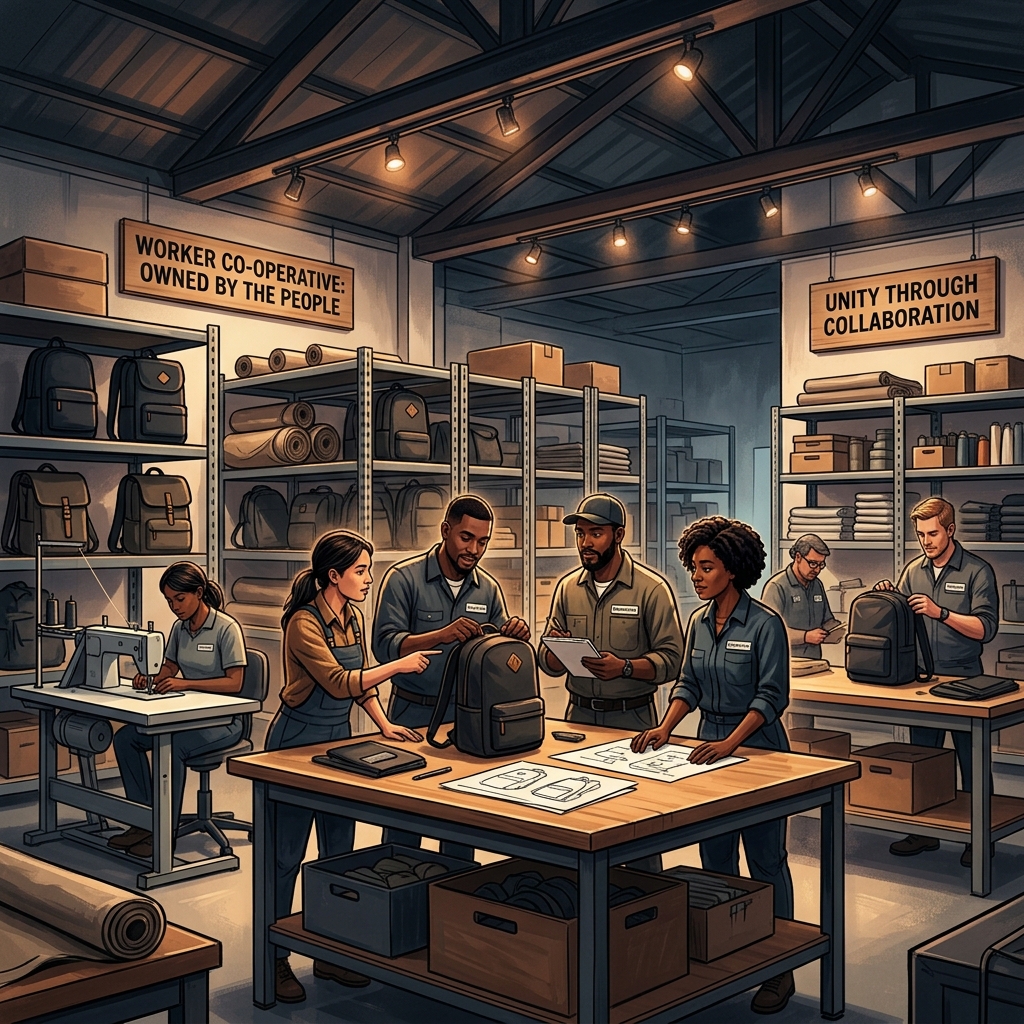 Concept illustration of a future worker-owned packing and repair space with shelves, work tables, and large windows.