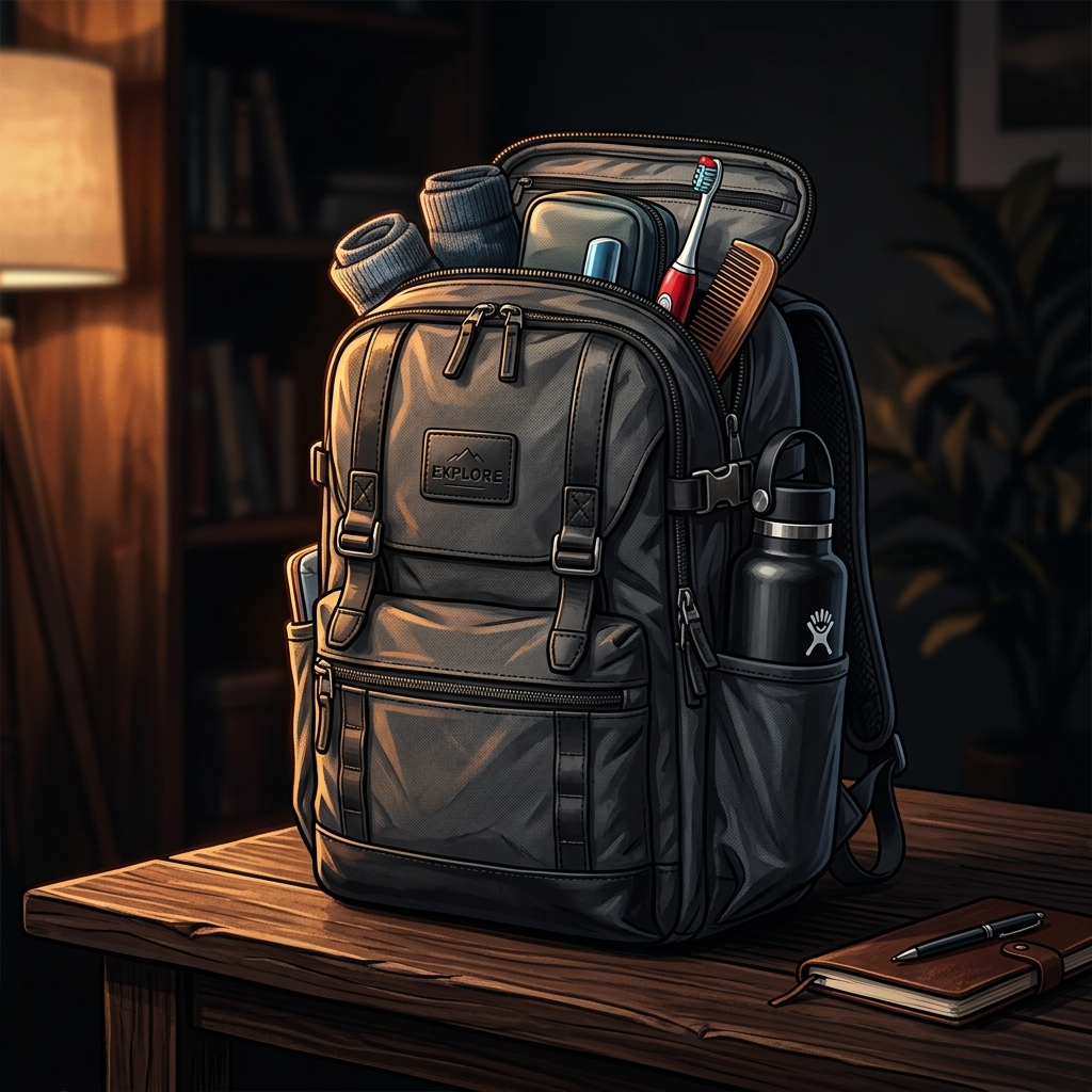 A sturdy backpack packed with a bottle and personal-care supplies.