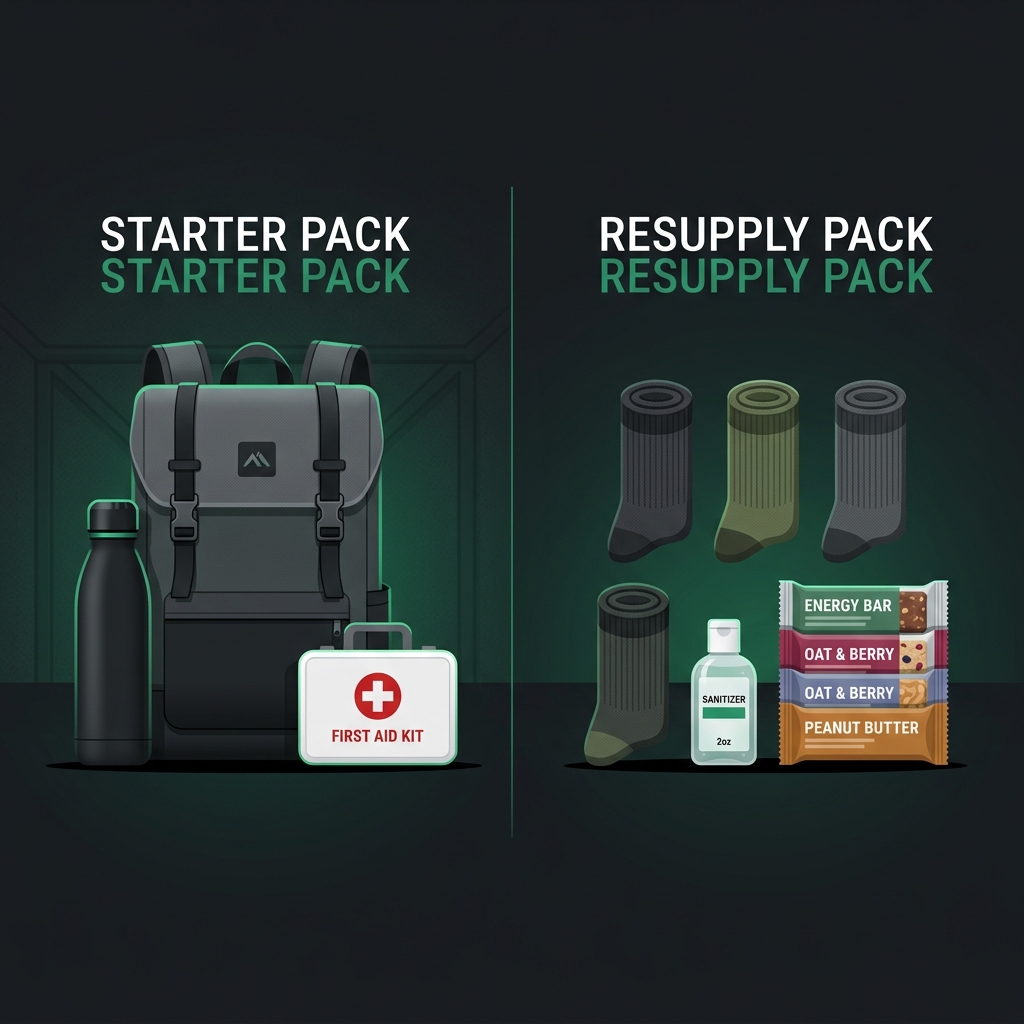 Concept illustration comparing a durable First Pack with a smaller Refill Pack of socks, sanitizer, and packaged food.