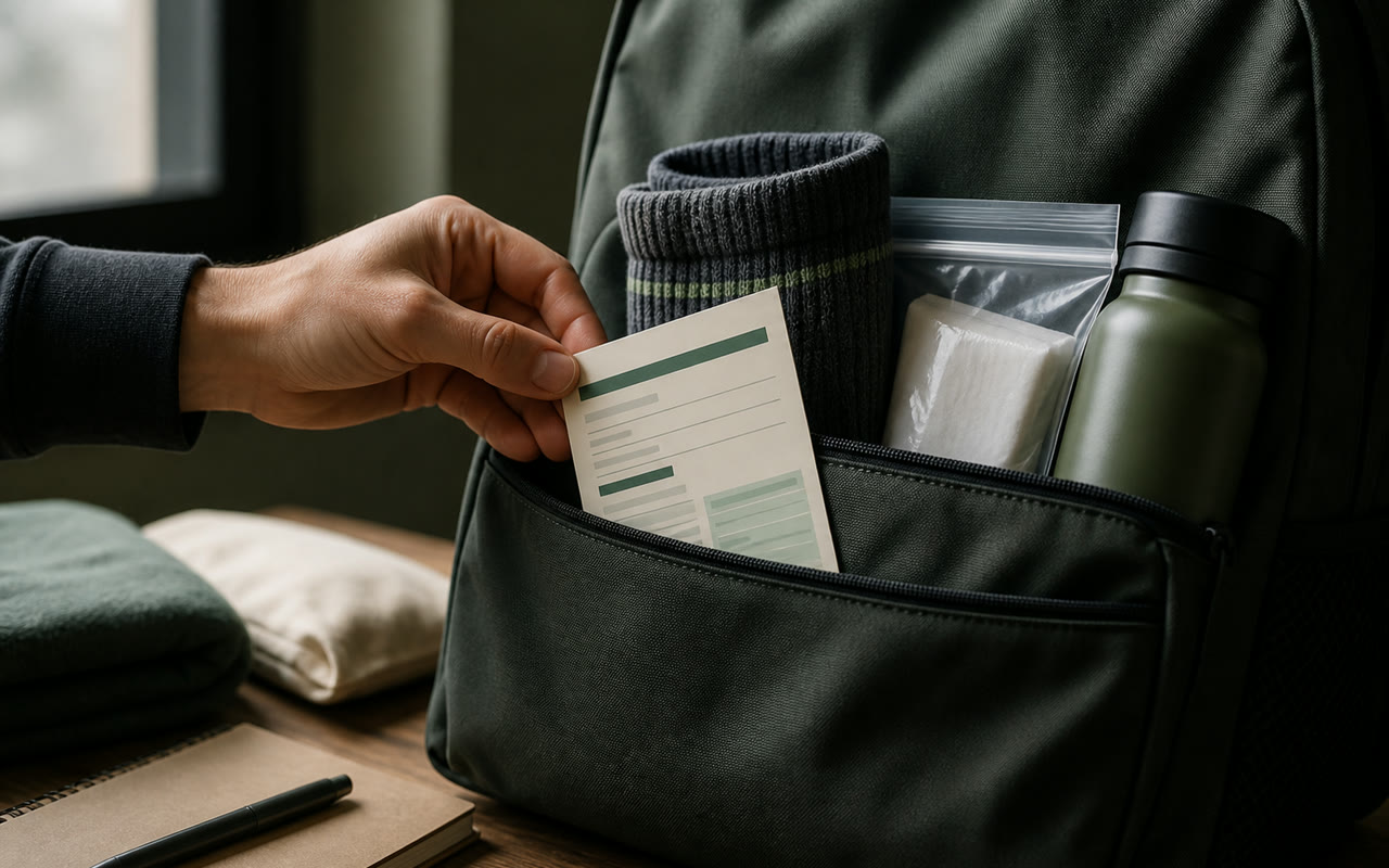 A hand places a generic folded resource card into the front pocket of a backpack beside separated supplies.